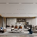 Modern Open Concept Living Dining Room With Sofa TV Wall And Marble Accents