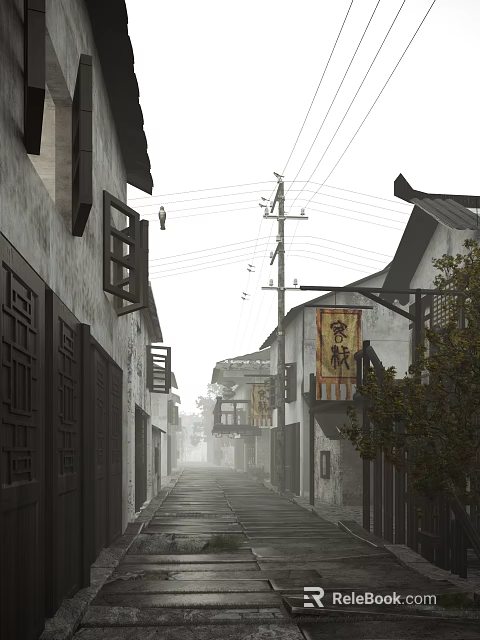 Traditional Chinese Commercial Street With Ancient Buildings Wooden Signboards And Hanging Lanterns 3d model 