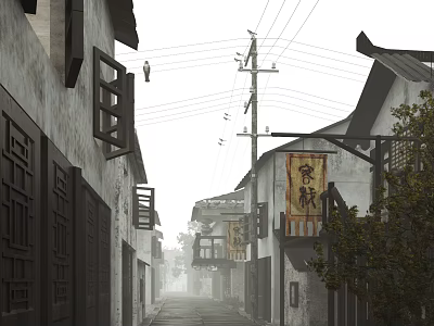 Traditional Chinese Commercial Street With Ancient Buildings Wooden Signboards And Hanging Lanterns 3d model