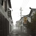 Traditional Chinese Commercial Street With Ancient Buildings Wooden Signboards And Hanging Lanterns