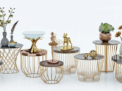 Modern Coffee Tables With Golden Metal Frames Geometric Shapes And Decorative Vases Sculptures Greenery 3d model