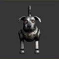 Standing Robotic Dog With Silver Blue Metallic Body Mechanical Legs And Yellow Eyes