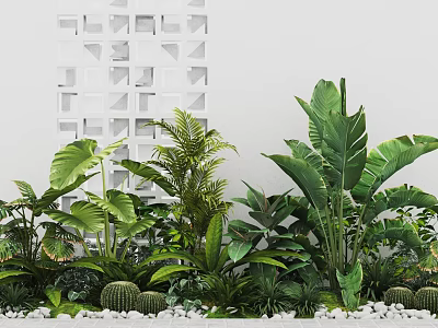 Lush Garden With Tropical Green Plants Geometric White Wall And White Pebbles 3d model