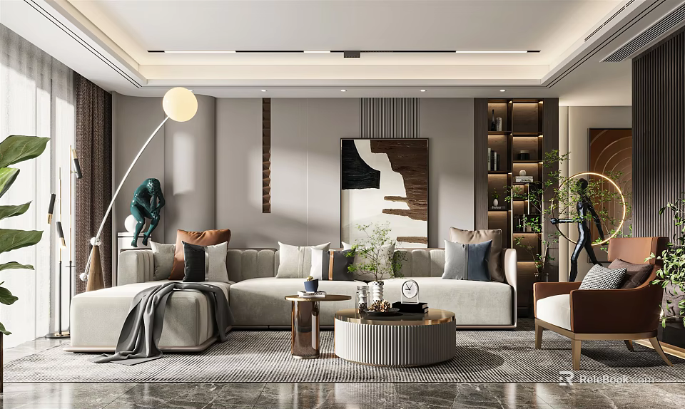 Modern Living Room Interior With Sofa Cushions Coffee Table Floor Lamp And Decorative Painting 3d model 