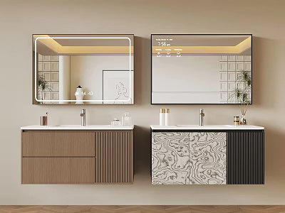 Modern Bathroom Vanity Cabinets With Wooden And Patterned Panels Mirrors Sinks And Faucets 3d model