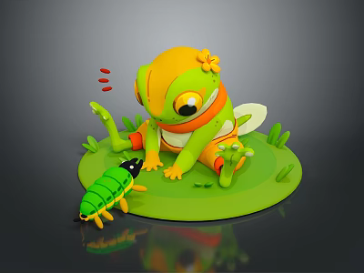 Cute Yellow Green Frog Toy With Flower Interacting With Green Black Caterpillar On Grass 3d model