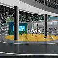 Modern Exhibition Hall Interior With Green Dome Structure And Tech Display Elements