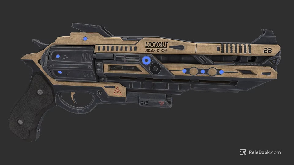 Futuristic Sci Fi Gun With LOCKOUT Label Blue Lights And Mechanical Design 3d model 