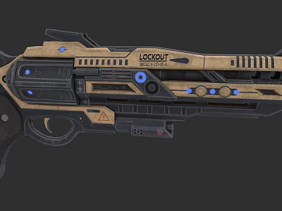 Futuristic Sci Fi Gun With LOCKOUT Label Blue Lights And Mechanical Design 3d model