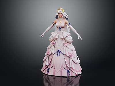 Elegant Fairy Princess Wearing Pink Floral Bow Gown With Flower Crown And White Gloves 3d model