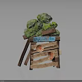 Stack of Green Stones on Wooden Crate with Blue Label Red Patterns and Small Sign