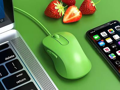 Smartphone Laptop And Green Wireless Mouse Digital Tech Setup On Green Background 3d model