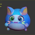 Cute Blue Chubby Cartoon Cat With Big Eyes Yellow Gradient Ears And Shiny Surface