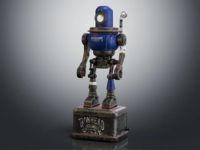 Detailed Vintage Blue Ironhead Robot Figure Standing On Sturdy Metal Base 3d model