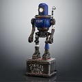 Detailed Vintage Blue Ironhead Robot Figure Standing On Sturdy Metal Base