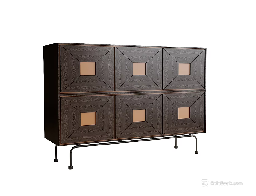 Modern Console Cabinet Sideboard With Six Panel Design Light Square Inlays And Black Metal Legs 3d model 