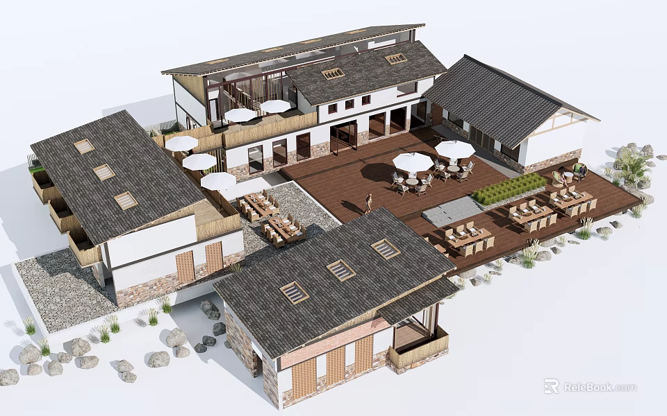 Ancient Architecture Courtyard Layout Featuring Sloped Tile Roofs And Wooden Tables Chairs 3d model 