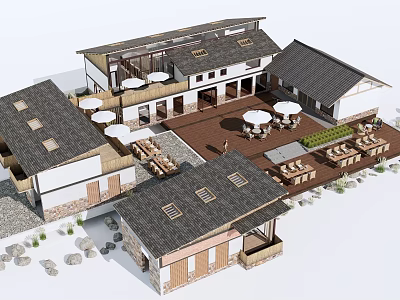 Ancient Architecture Courtyard Layout Featuring Sloped Tile Roofs And Wooden Tables Chairs 3d model