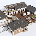 Ancient Architecture Courtyard Layout Featuring Sloped Tile Roofs And Wooden Tables Chairs