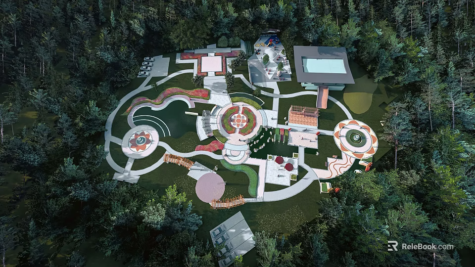 Park Landscape Design With Winding Paths Circular Plazas And Surrounding Trees 3d model 