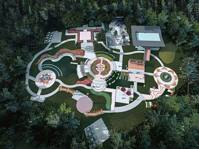 Park Landscape Design With Winding Paths Circular Plazas And Surrounding Trees 3d model