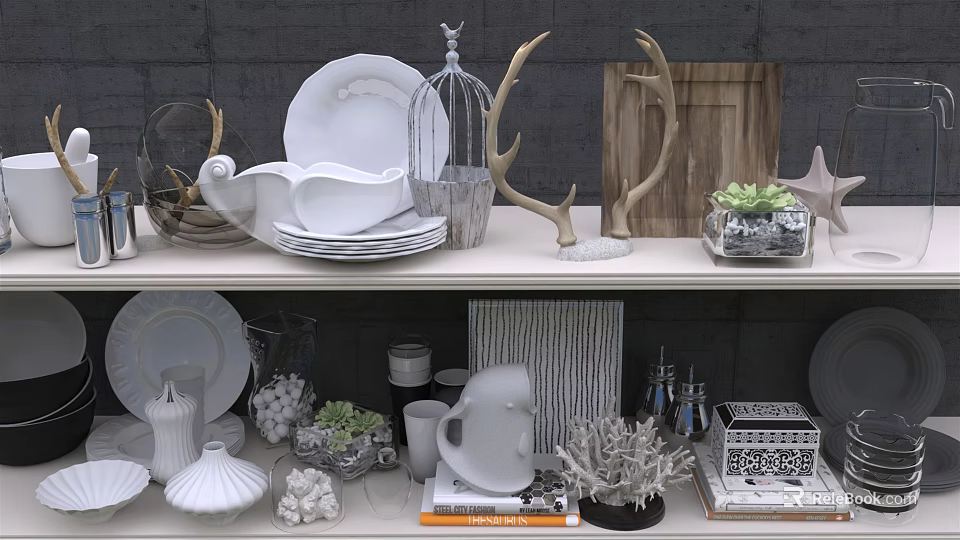 White Shell Tableware Set with Deer Antler Decor Wooden Tray and Succulents on Shelf 3d model 