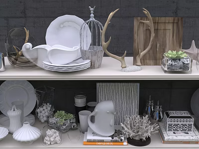White Shell Tableware Set with Deer Antler Decor Wooden Tray and Succulents on Shelf 3d model