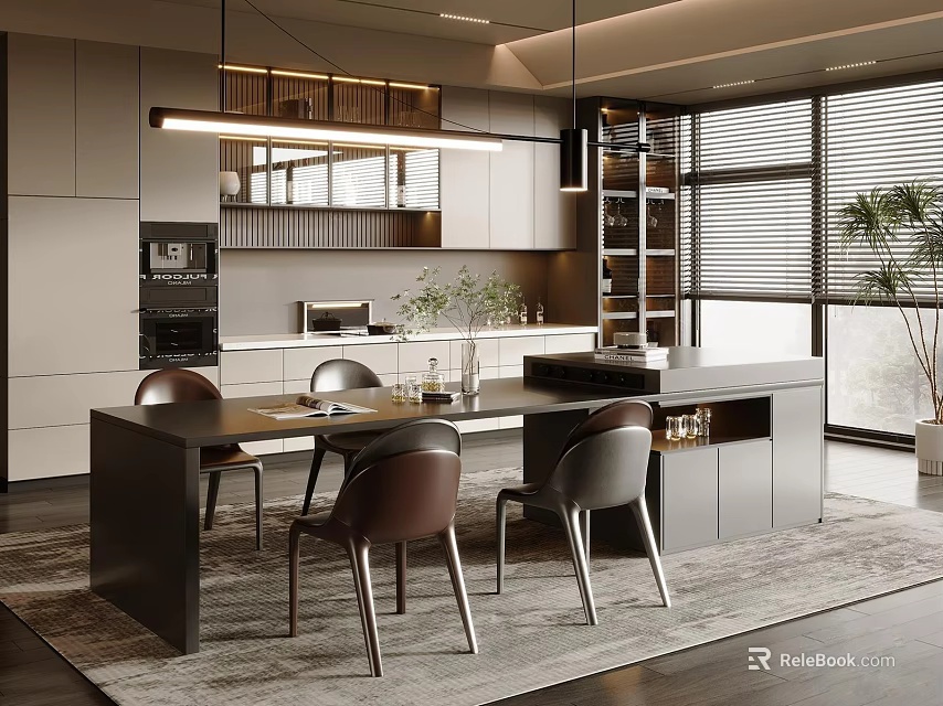 Modern Kitchen Interior Design With Open Layout Island Counter Chairs And Pendant Lights 3d model 