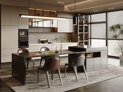 Modern Kitchen Interior Design With Open Layout Island Counter Chairs And Pendant Lights 3d model