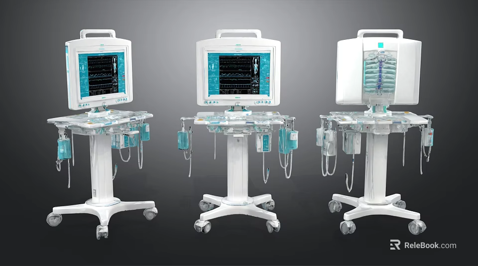 Advanced Medical Patient Monitors With Display Screens On Wheeled Stands And Accessories 3d model 