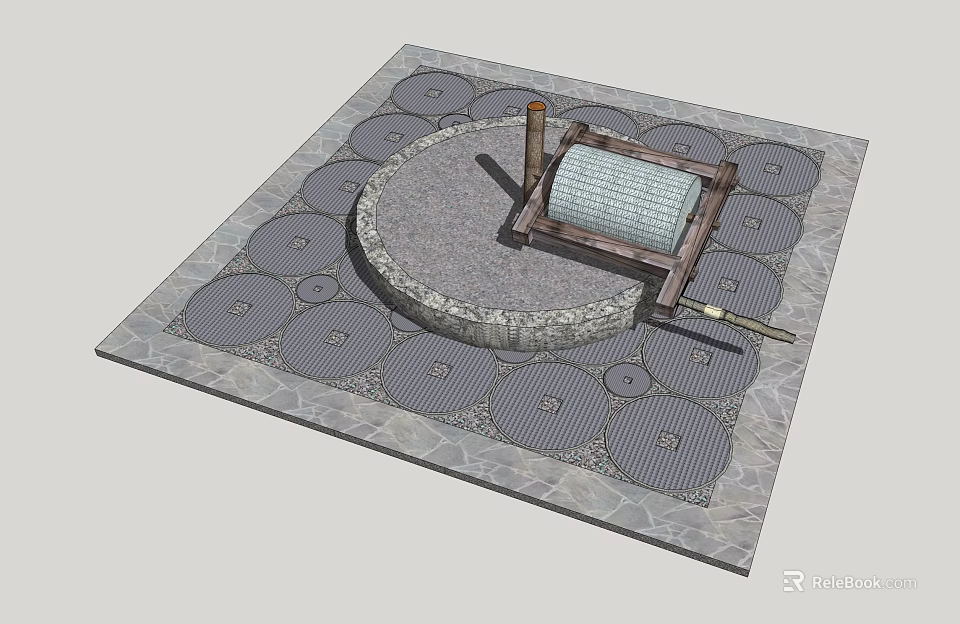 Classic Garden Ornament Featuring Circular Stone Structure And Roller Device On Circular Slab Paved Ground 3d model