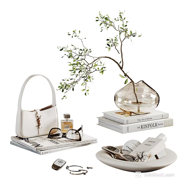 Elegant Decorative Ornament Set With Glass Vase Olive Branch Books Handbag Sunglasses And Perfume 3d model 
