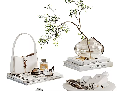 Elegant Decorative Ornament Set With Glass Vase Olive Branch Books Handbag Sunglasses And Perfume 3d model