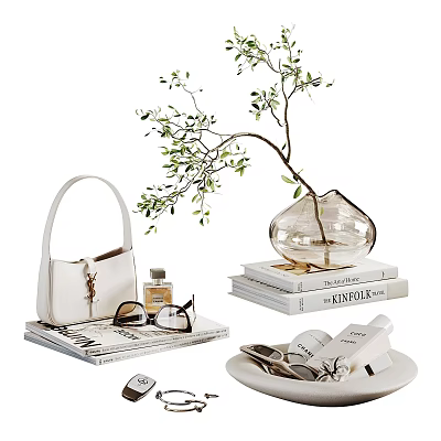 Elegant Decorative Ornament Set With Glass Vase Olive Branch Books Handbag Sunglasses And Perfume 3d model