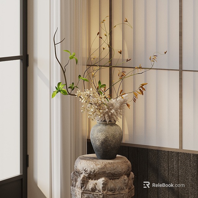 Elegant Bonsai Potted Plant With Branches Green Leaves White Flowers On Stone Pedestal By Window 3d model 