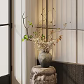 Elegant Bonsai Potted Plant With Branches Green Leaves White Flowers On Stone Pedestal By Window