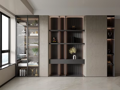 Modern Elegant Bookcase Interior With Glass Door Sections Tiered Shelves And Decorative Accents 3d model