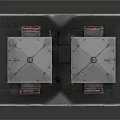 Industrial Style Silver Towers With Red Lights And Decorative Doors On Square Base