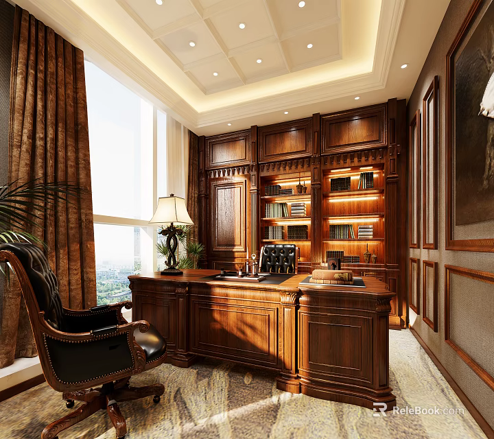 Luxurious Office Interior With Wooden Bookshelves Desk Leather Chair And Large Windows 3d model 