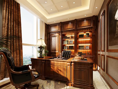 Luxurious Office Interior With Wooden Bookshelves Desk Leather Chair And Large Windows 3d model