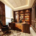 Luxurious Office Interior With Wooden Bookshelves Desk Leather Chair And Large Windows