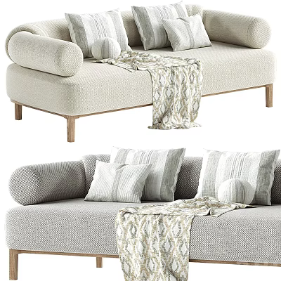 Soft Fabric Two Seater Sofa With Plush Cushions Wooden Legs And Cozy Throw Blanket 3d model