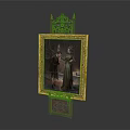 Decorative Golden Frame With Two Figures Inside Ornate Top Structure And Base Featuring Geometric Pattern