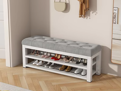 Shoe Bench With Grey Tufted Cushion White Frame And Multi Tier Rack For Hanging Bags Clothes 3d model