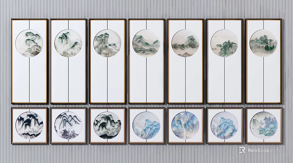 Traditional Chinese Landscape Paintings In Multiple Circular And Rectangular Framed Wall 3d model