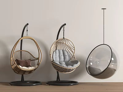 Stylish Hanging Chairs With Rattan Design Cushioned Seat And Transparent Spherical Shape Metal Stand 3d model