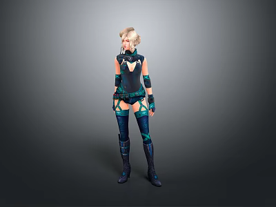 Game Movie Character With Blonde Hair Dark Green Blue Tight Outfit Wrist Guards Long Boots 3d model