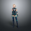 Game Movie Character With Blonde Hair Dark Green Blue Tight Outfit Wrist Guards Long Boots