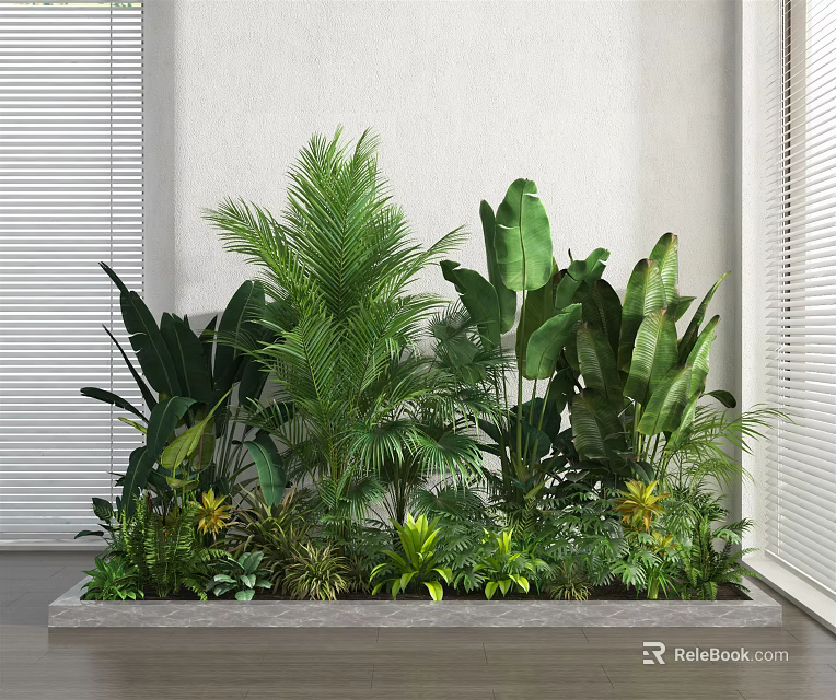 Indoor Tropical Green Plants Arrangement In Rectangular Planter With White Wall Background 3d model 