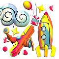 Colorful Rocket And Airplane With Stars Clouds Balloons And Gift Boxes For Space Themed Decorations